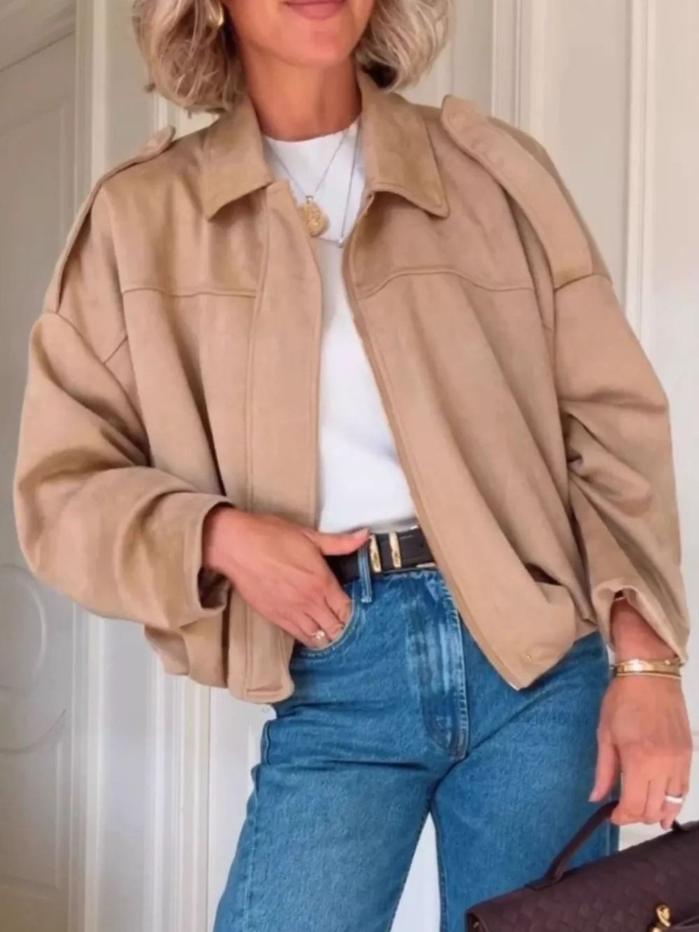 Zip Up Dropped Shoulder Suede Jacket, image 2