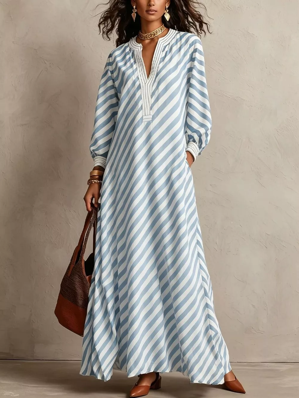 Striped Long Sleeves Maxi Dress, image 10
