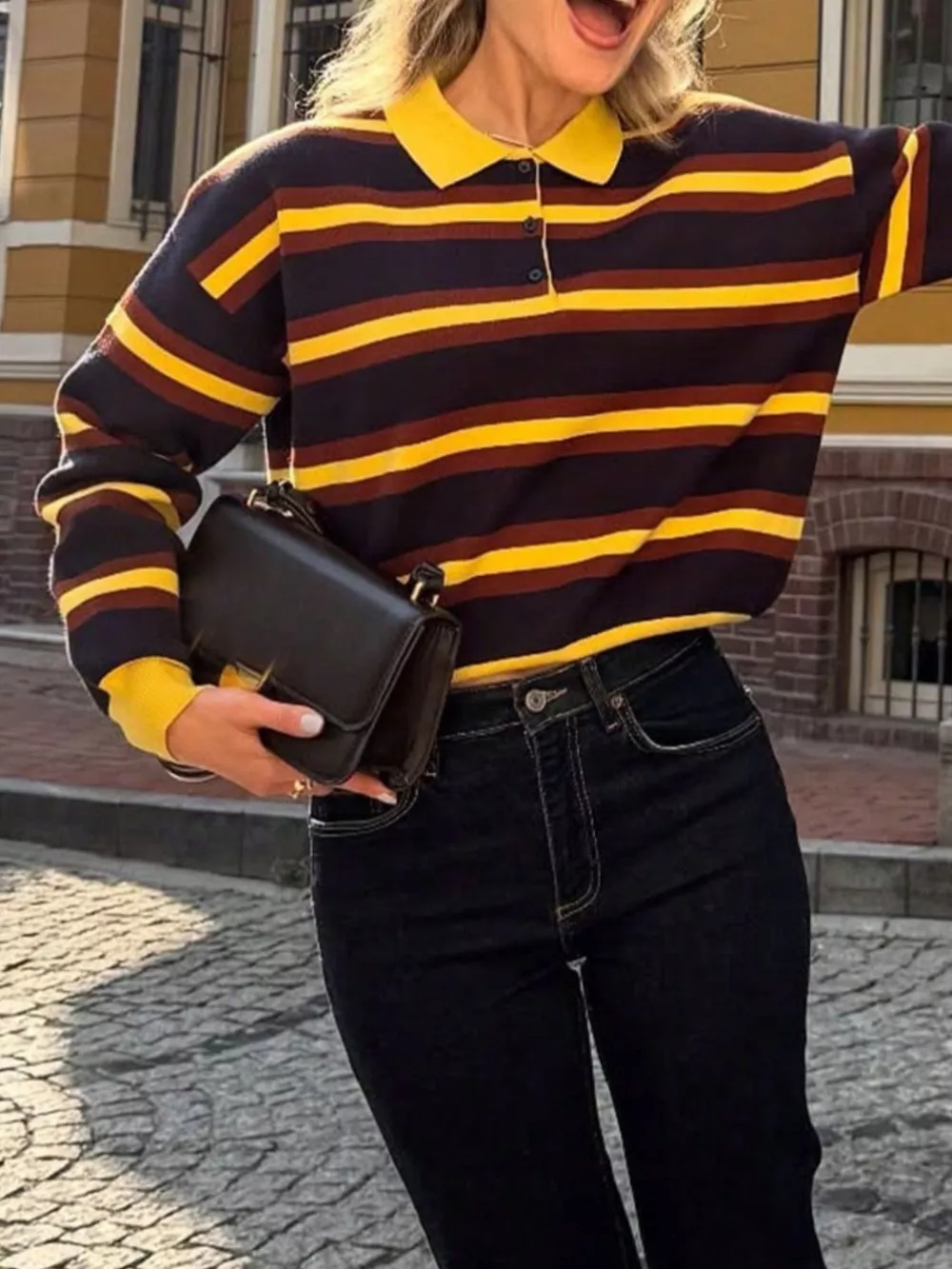 Striped Polo Collar Knit Sweater, image 2