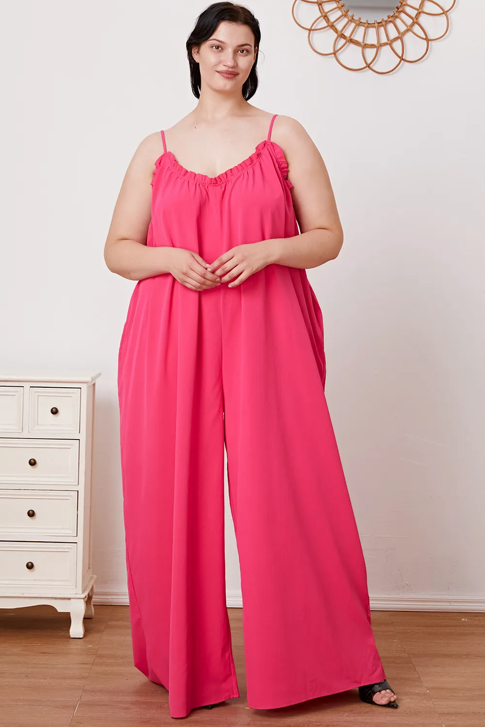 Full Size Ruffle Trim Tie Back Cami Jumpsuit with Pockets, image 5