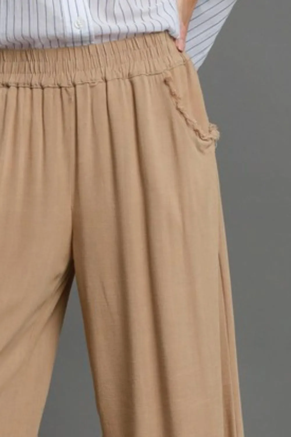 Full Size Linen Blend Elastic Waistband Wide Leg Pants Plus Size, image 3