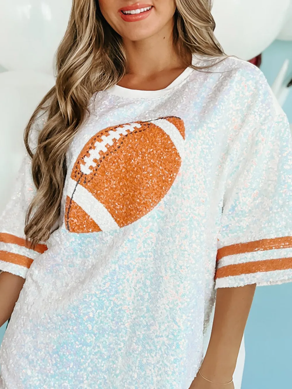Sequin Football Round Neck Half Sleeve Oversize Top, image 2