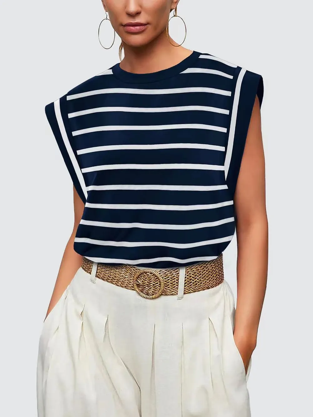 Striped Round Neck Cap Sleeve T-Shirt, image 7
