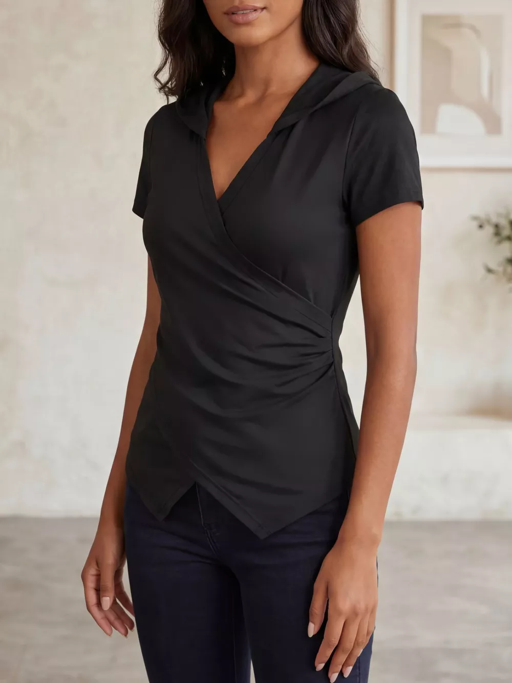 Hooded Wrap Front Slim Fit Top, image 3