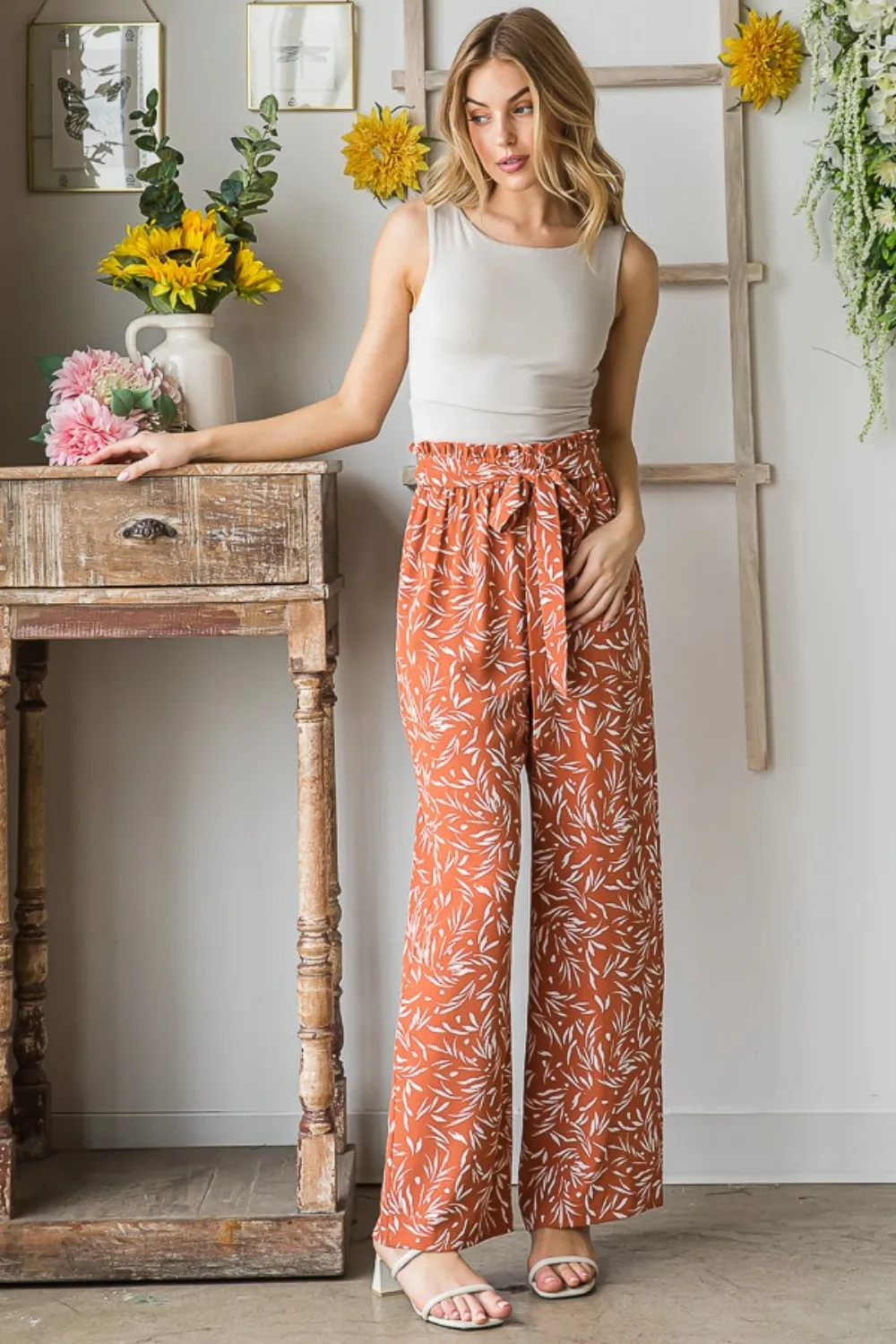 Full Size Printed Tied Straight Casual Pants, image 4