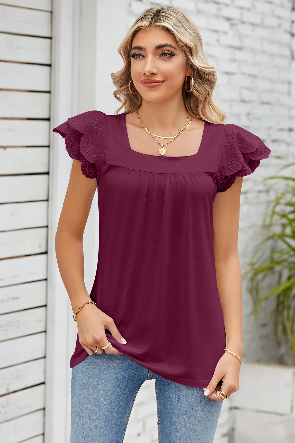 Eyelet Square Neck Cap Sleeve Blouse, image 20
