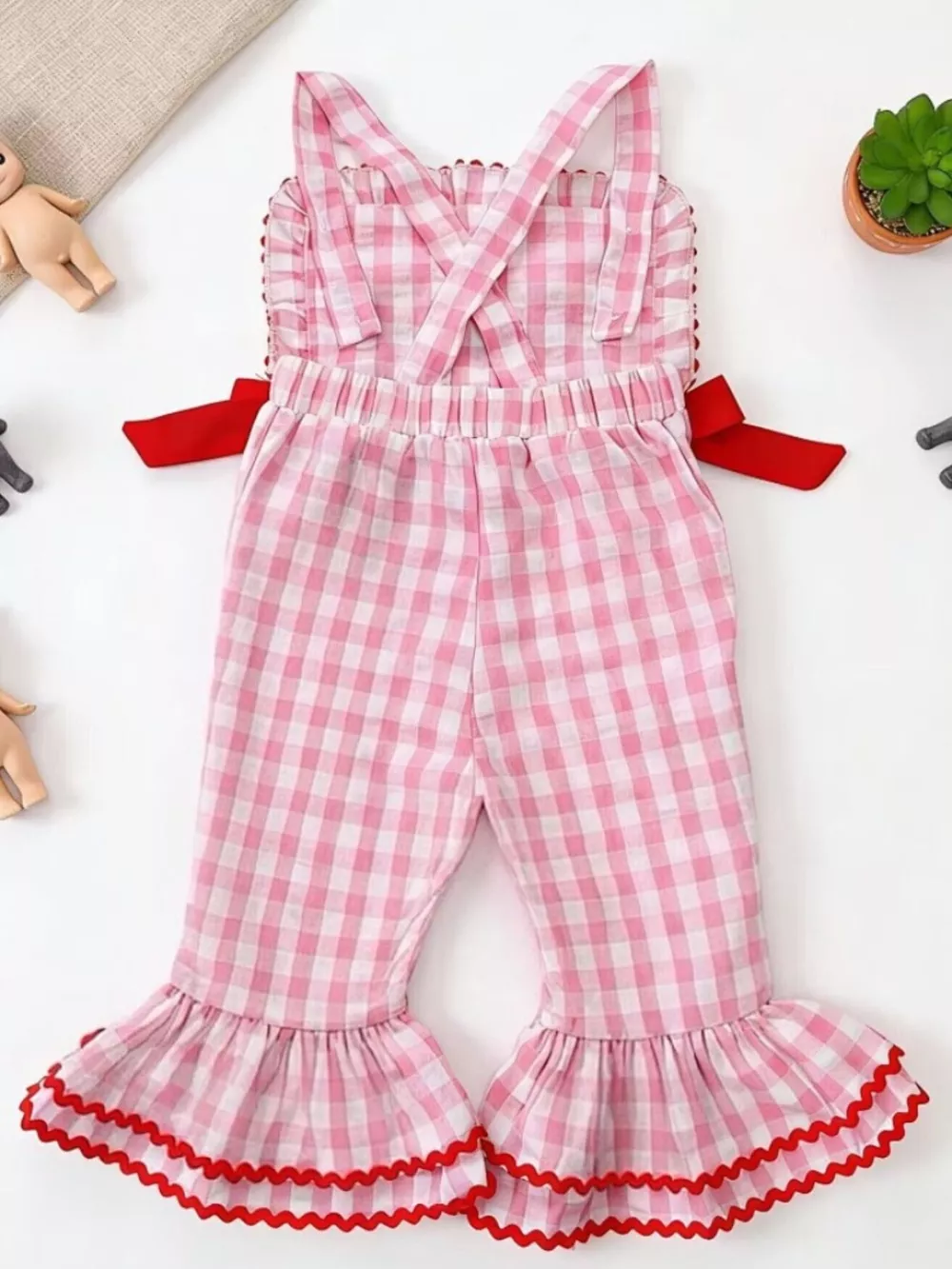 Children's Gingham Soccer Ball Embroidered Ruffle Hem Jumpsuit, image 10