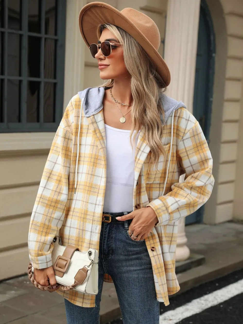 Drawstring Plaid Button Up Hooded Jacket, image 12