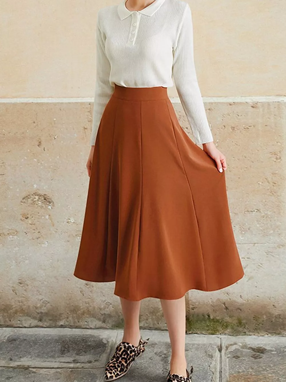 A-Line Midi Skirt with Elastic Waistband, image 2