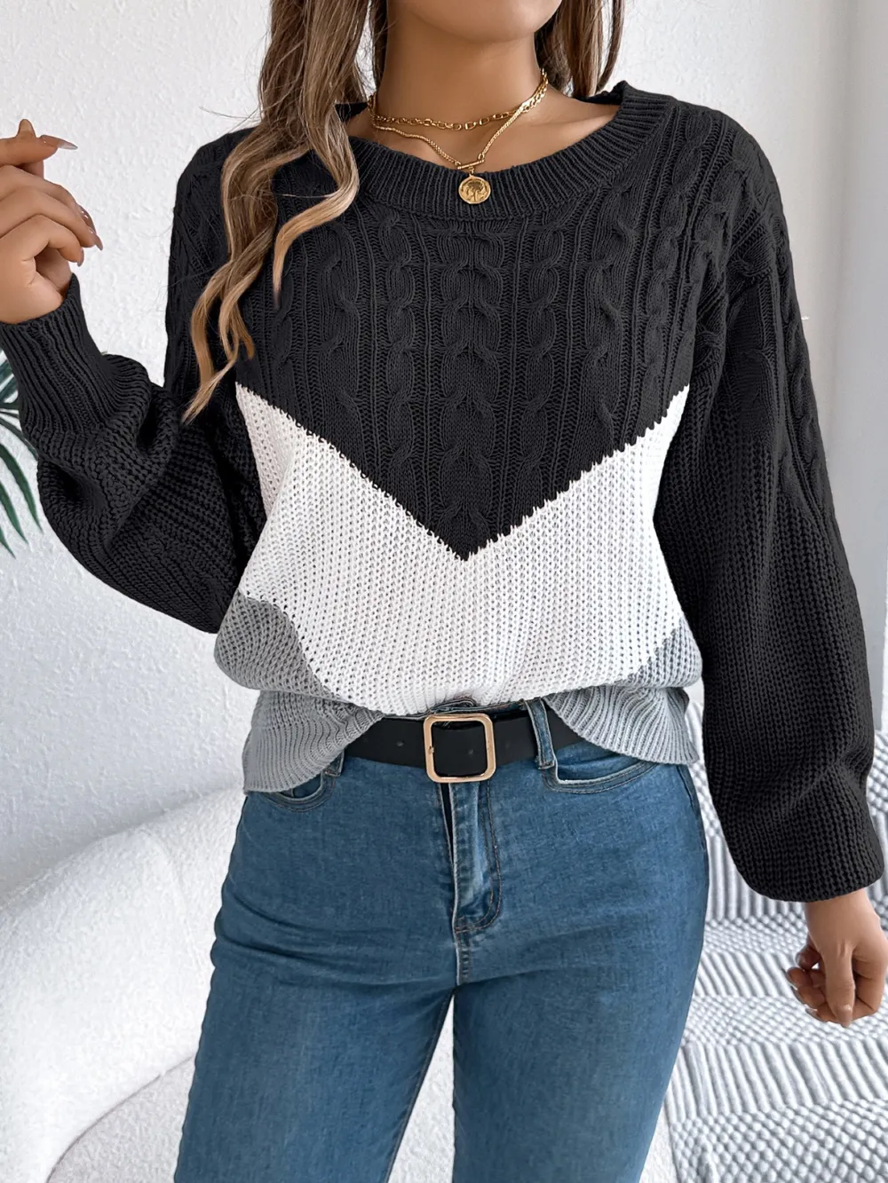 Cable-Knit Color Block Round Neck Sweater, image 12