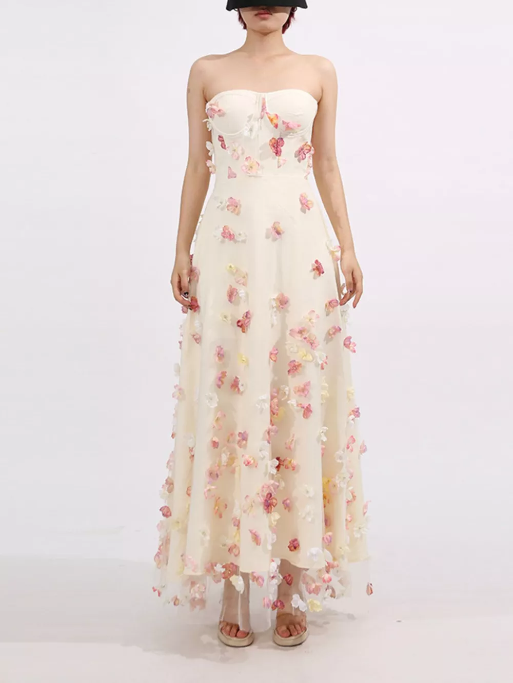 Floral Applique Strapless Tulle Maxi Dress, image 7