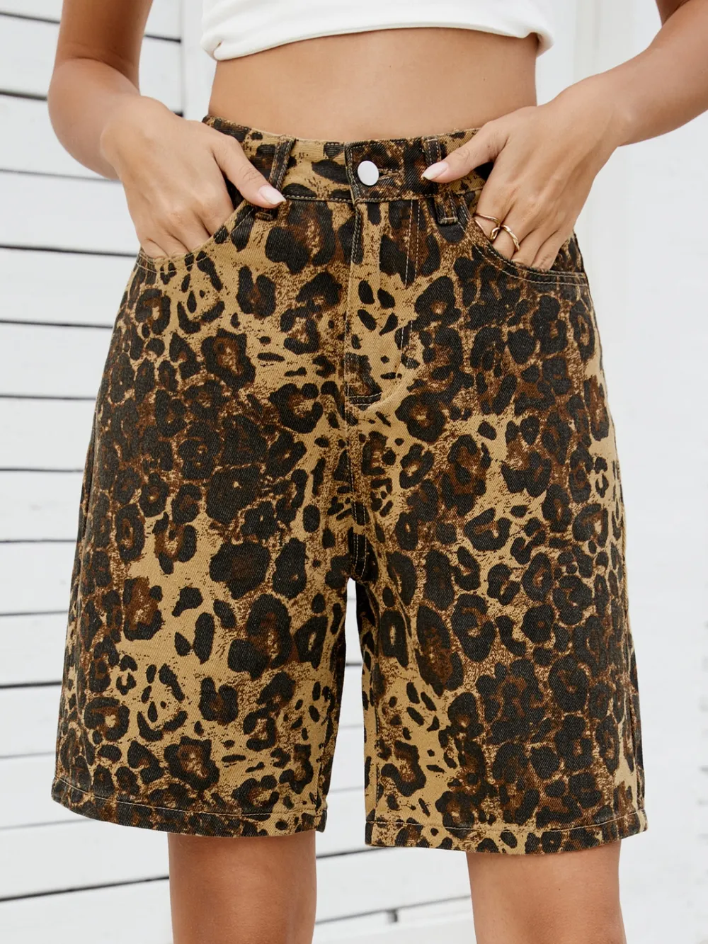 Leopard High Waist Denim Shorts