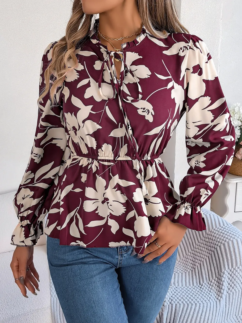 Printed Tie Neck Flounce Sleeve Blouse, image 16