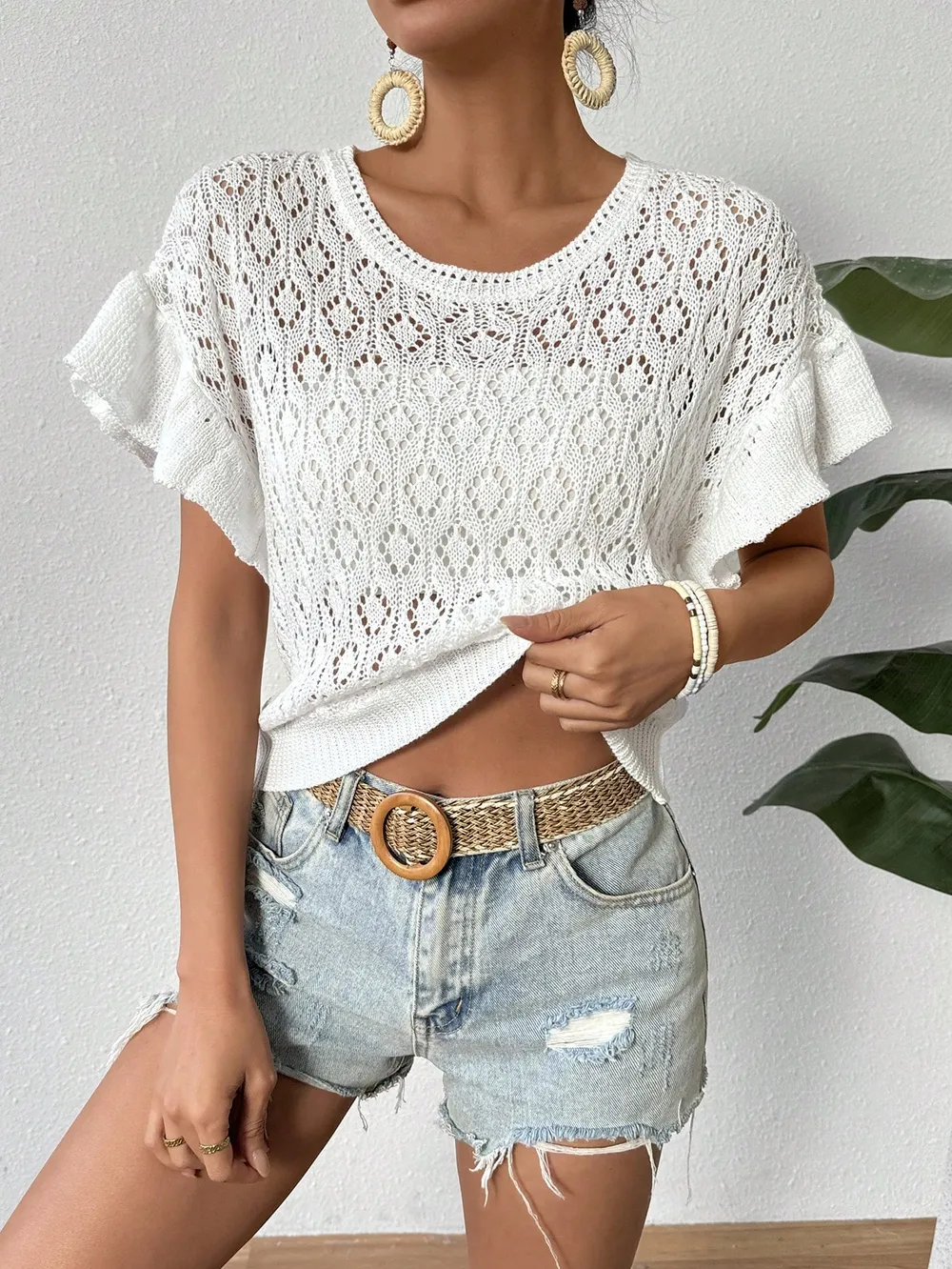 Ruffled Openwork Round Neck Knit Top, image 3