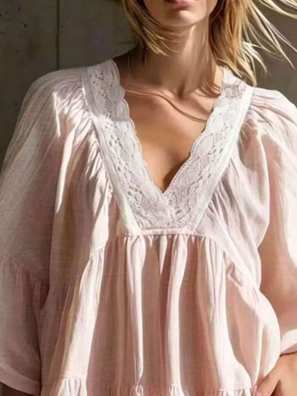 Full Size Lace Trim Puff Sleeve Mini Dress Plus Size, image 6