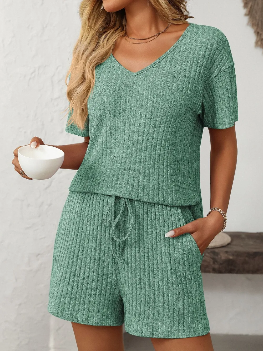 V-Neck Short Sleeve Top and Shorts Set, image 6