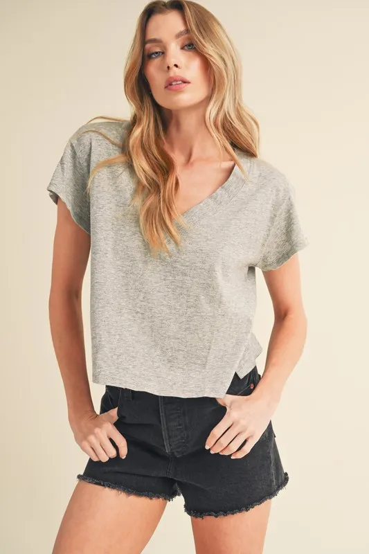 Side Slit V-Neck Short Sleeve Cropped T-Shirt