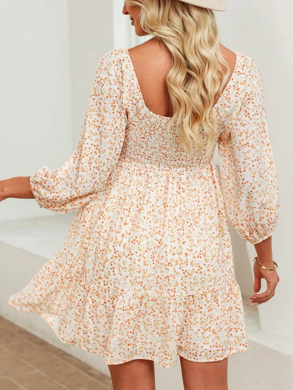 Smocked Floral Square Neck Dress, image 3