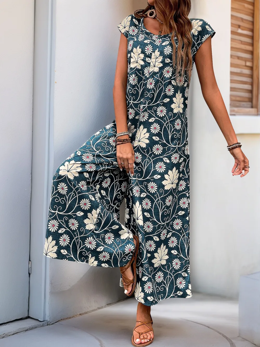 Printed Round Neck Cap Sleeve Wide Leg Jumpsuit, image 6