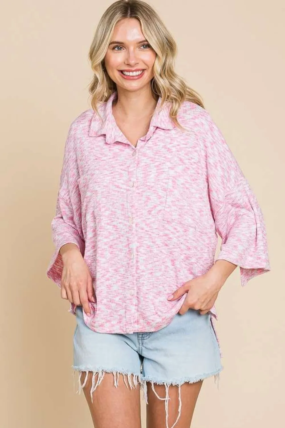 Button Up Drop Shoulder Slit Shirt, image 2