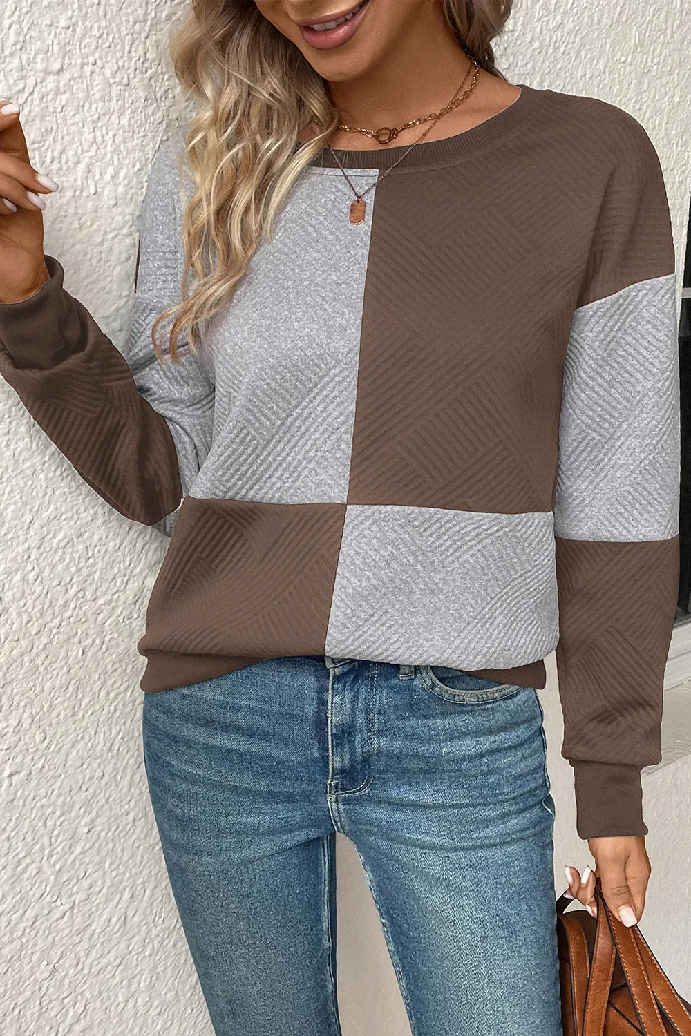 Textured Color Block Round Neck Sweatshirt, image 7
