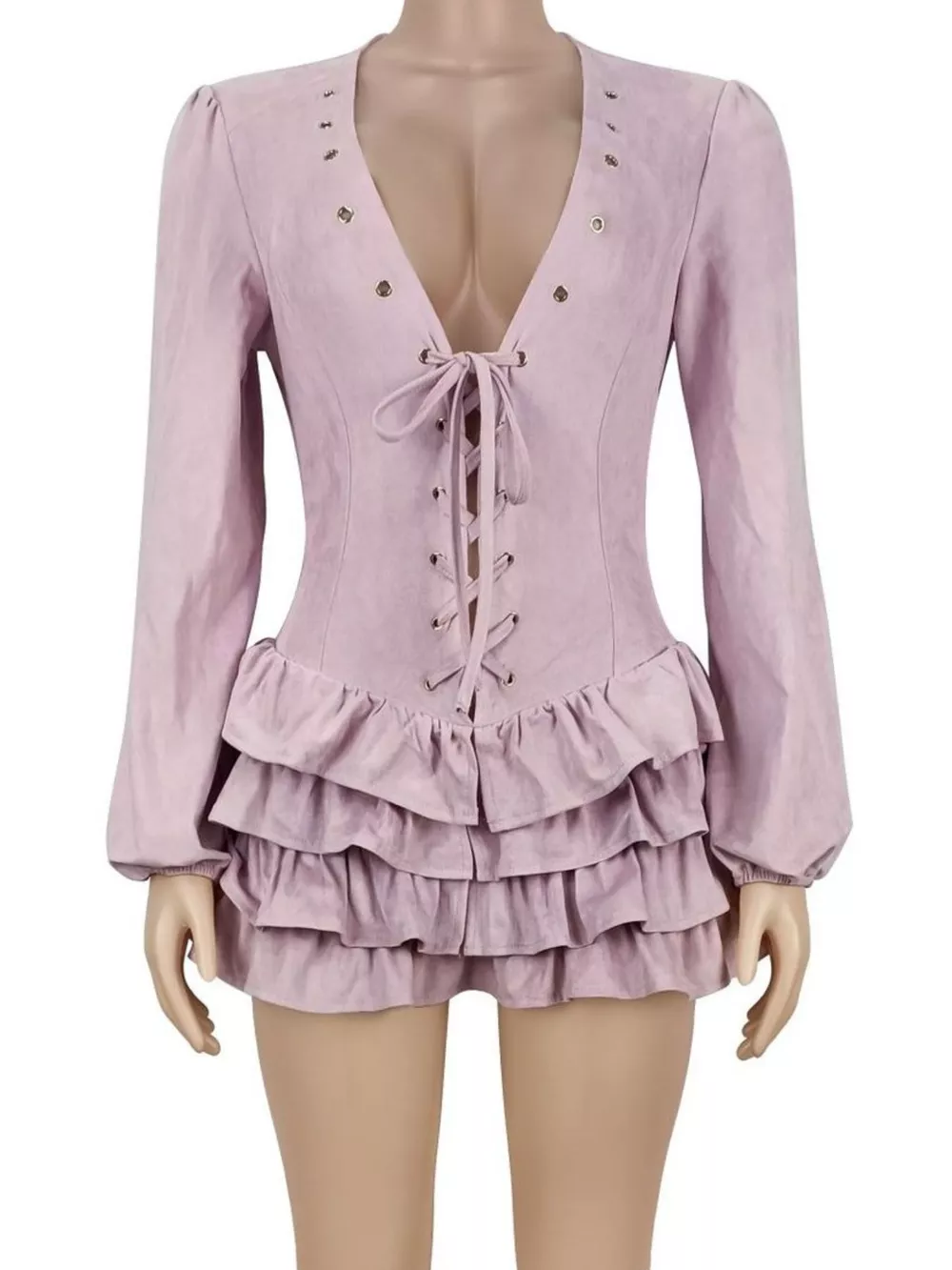 Lace-Up Ruffle Hem Long Sleeve Mini Dress, image 6