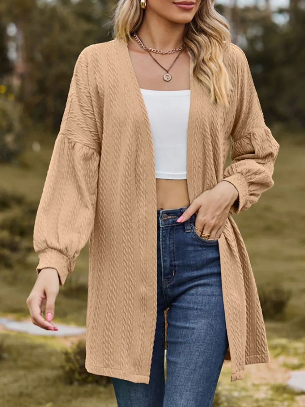 Textured Open Front Dropped Shoulder Cardigan, image 4