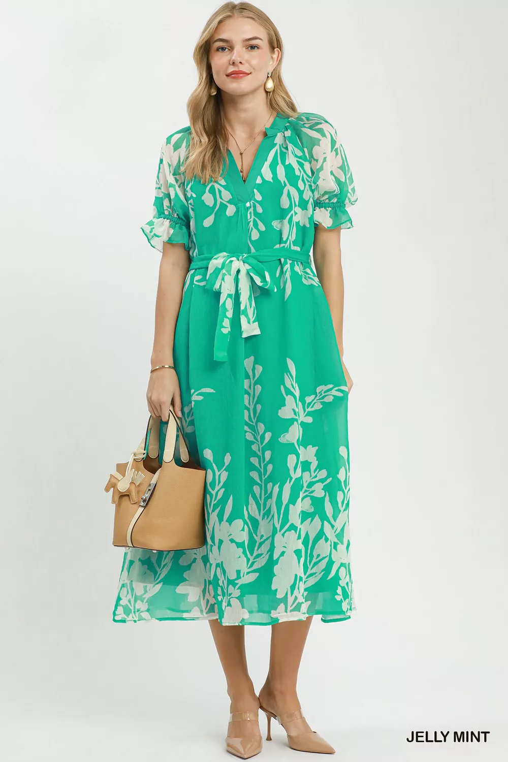 Floral Print Tie Waist Midi Dress with Side Pockets, image 5