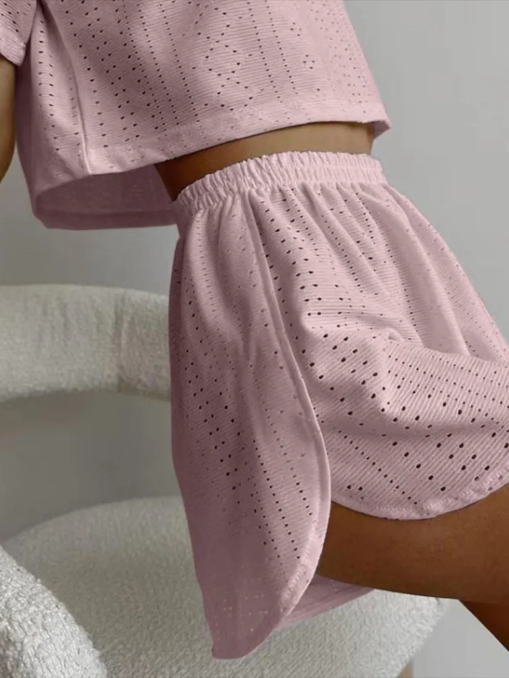 Eyelet Round Neck Top and Shorts Set, image 8