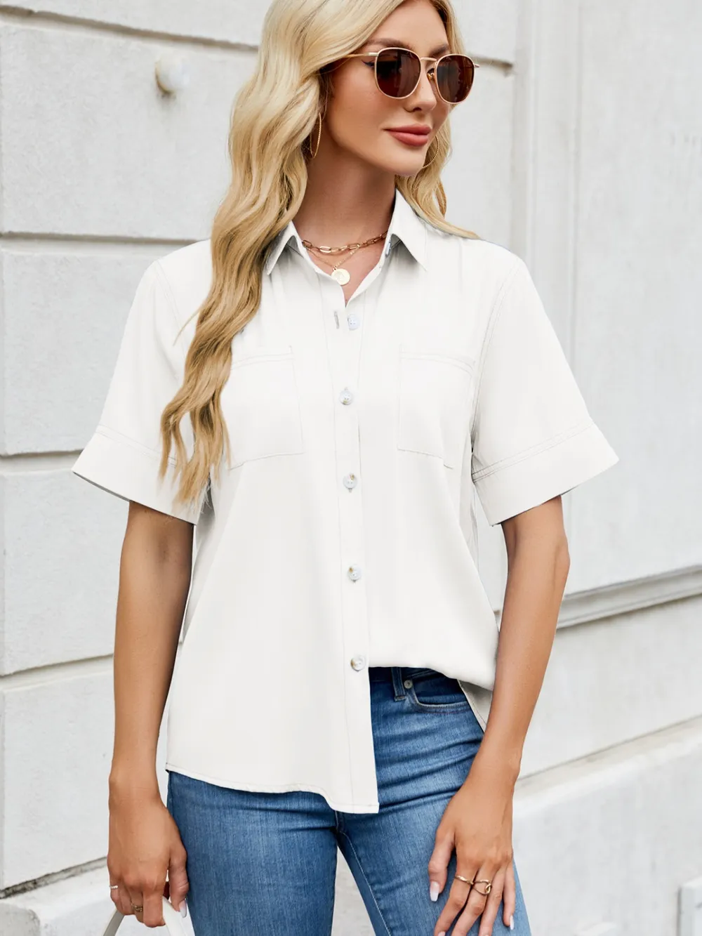 Collared Neck Short Sleeve Shirt, image 4