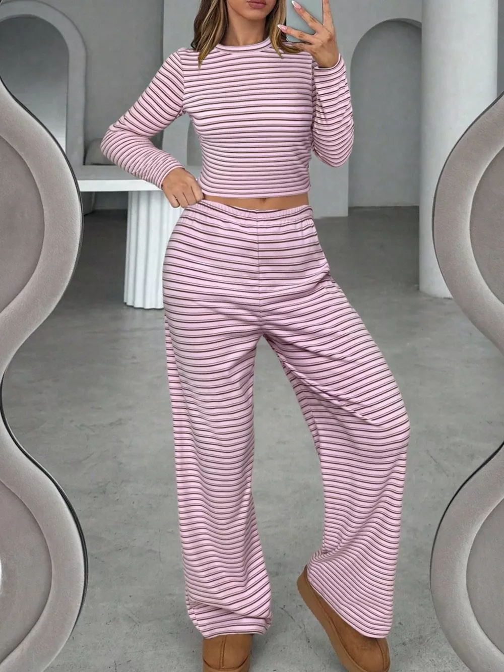 Striped Long Sleeve Crop Top and Wide Leg Pants Two-Piece Set, image 10