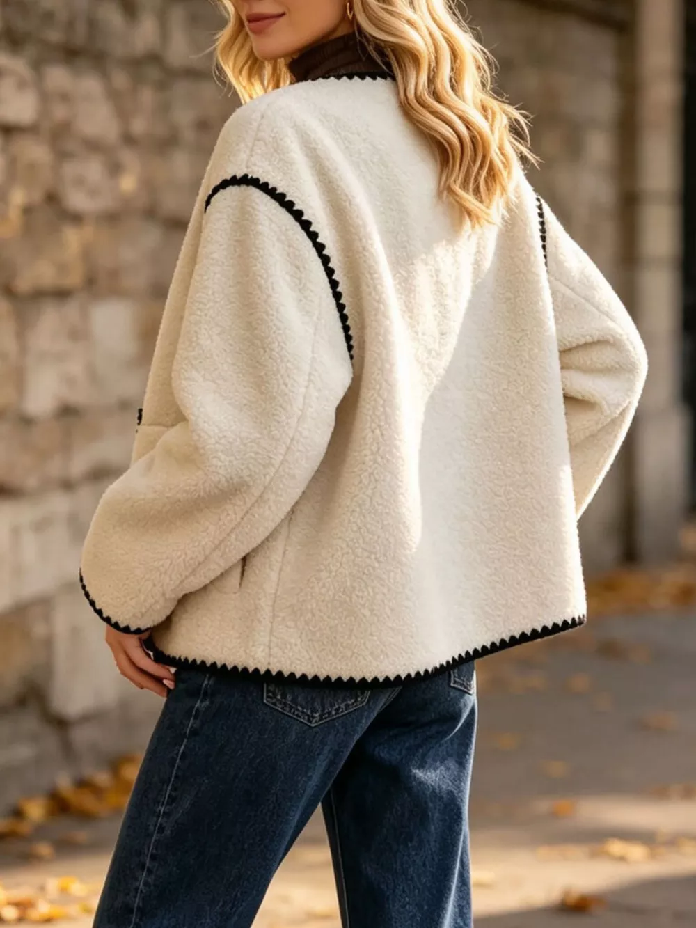 Faux Shearling Contrast Trim Button-Down Outerwear, image 4