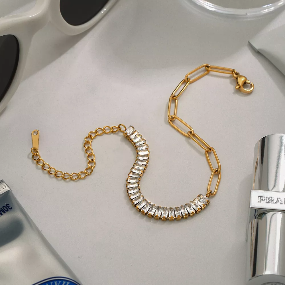 18K Gold-Plated Stainless Steel Rhinestone Chain Bracelet, image 4