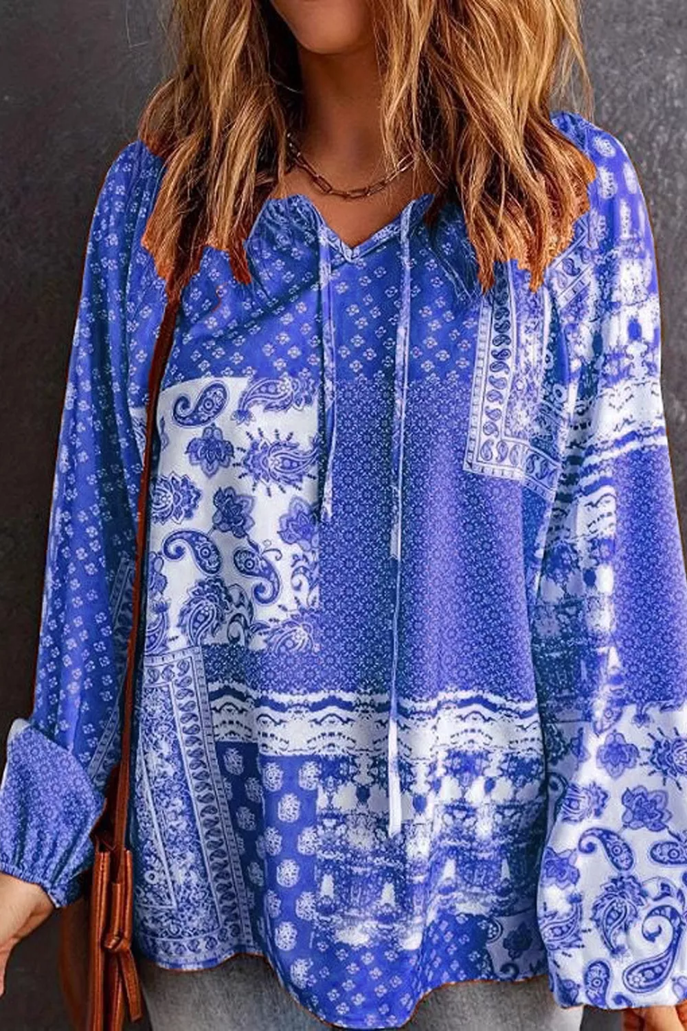 Full Size Paisley Print Tie-Neck Long Sleeve Blouse Plus Size, image 4