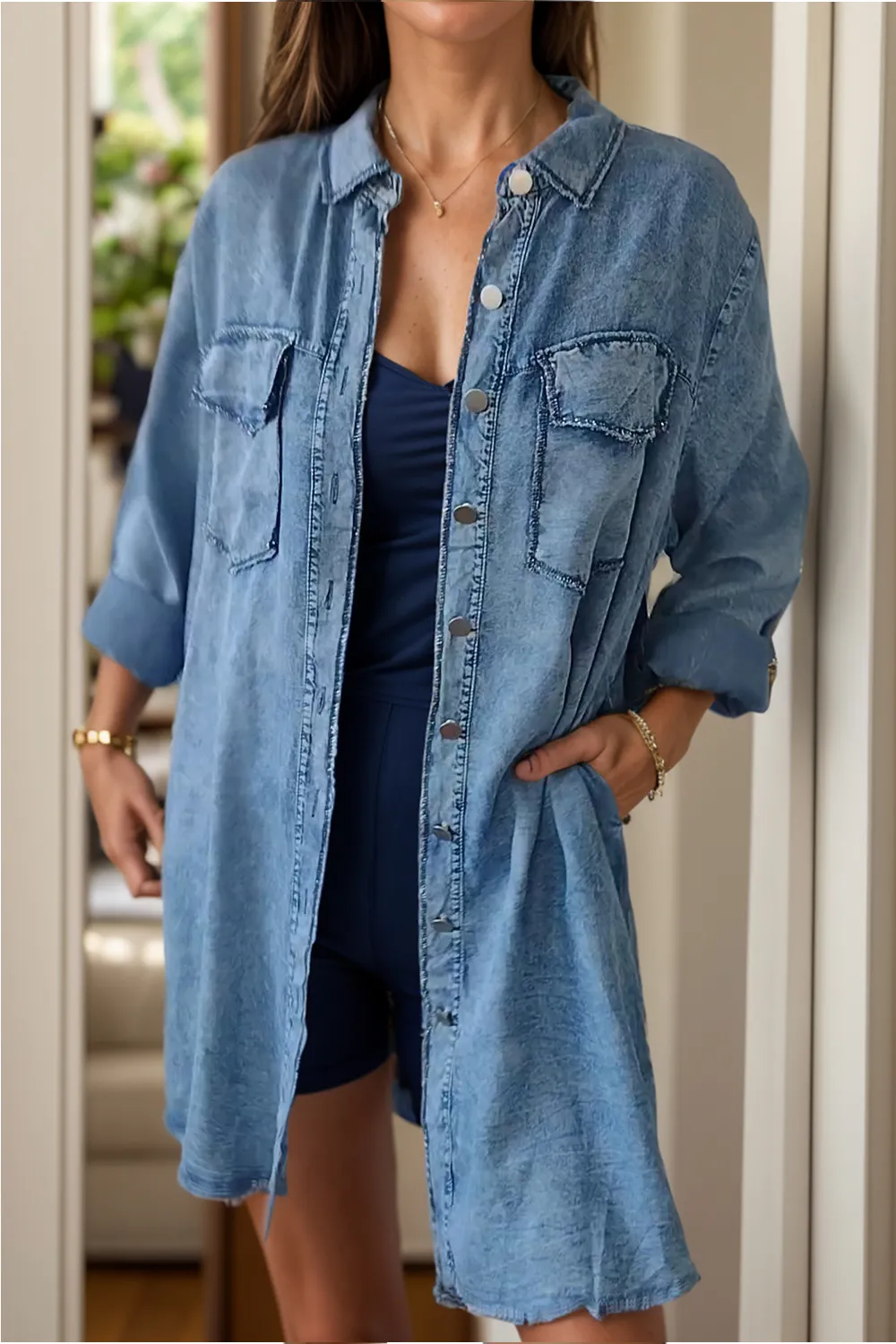 Full Size Pocketed Button Up Long Sleeve Denim Jacket, image 3