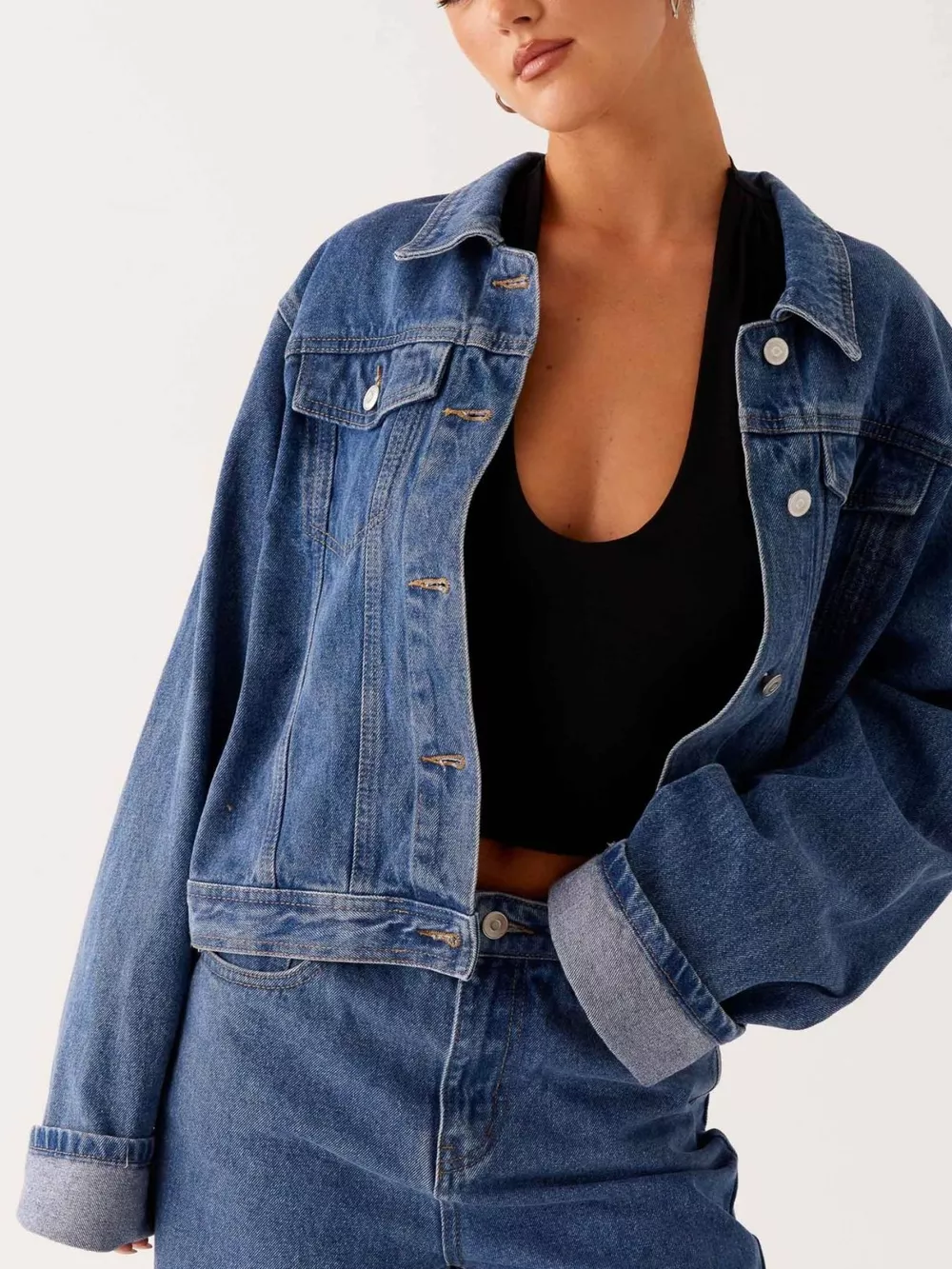 Button Down Cropped Oversized Denim Jacket, image 7
