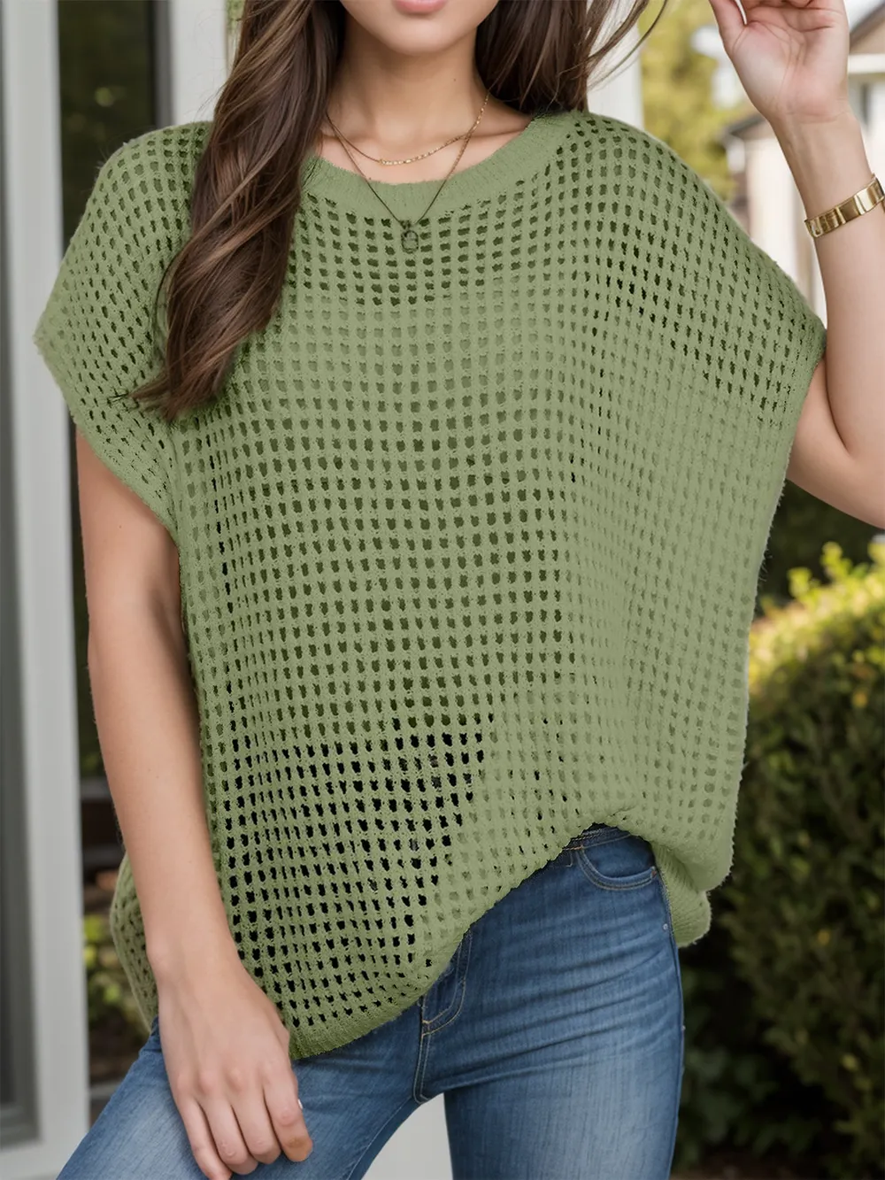 Openwork Round Neck Short Sleeve Cover-Up, image 3