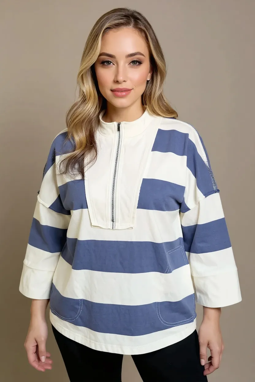 Pima Cotton Wash Striped Half Zip Mock Neck Long Sleeve Top
