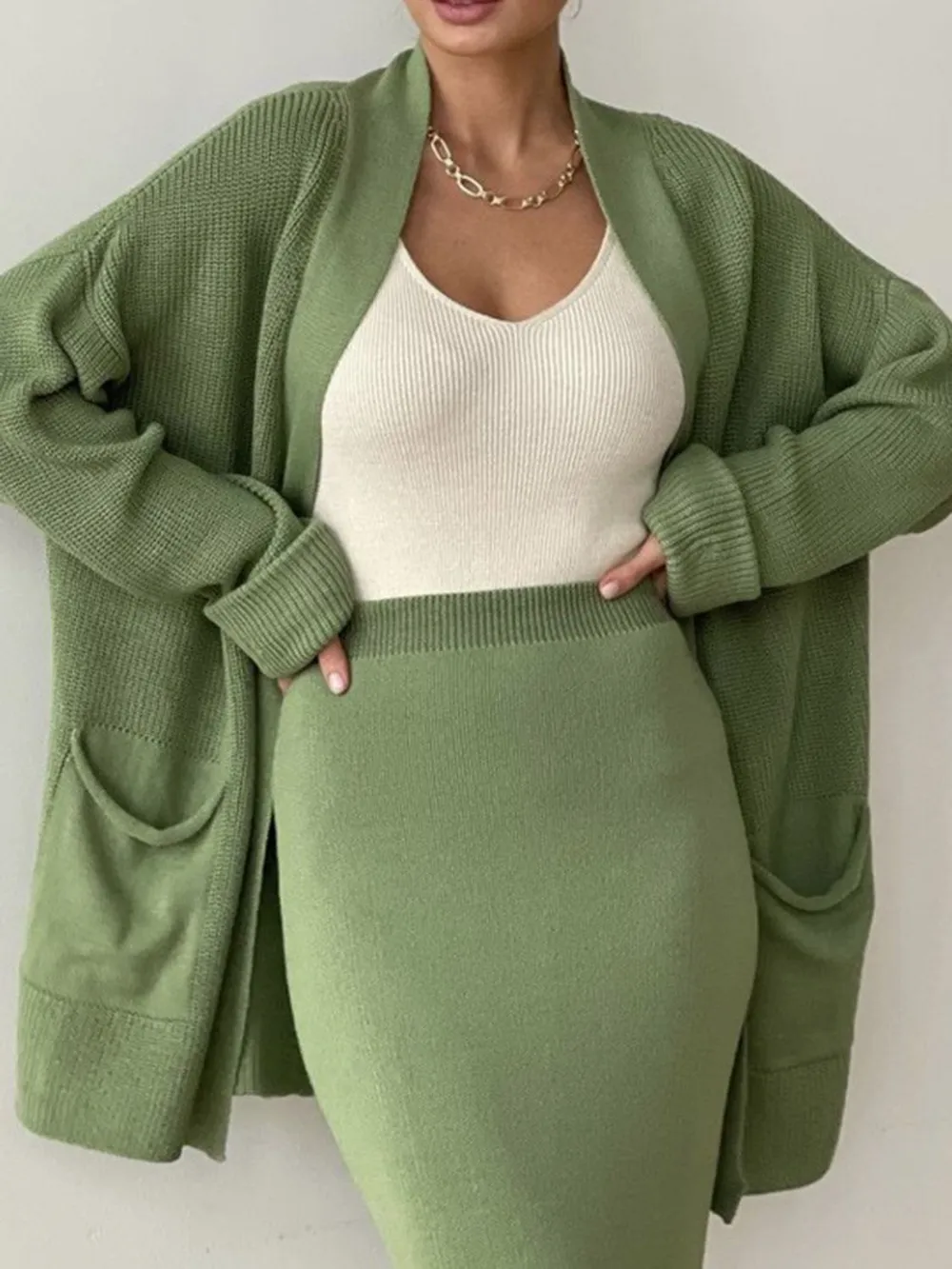 Pocketed Long Sleeve Cardigan and Skirt Sweater Set, image 11