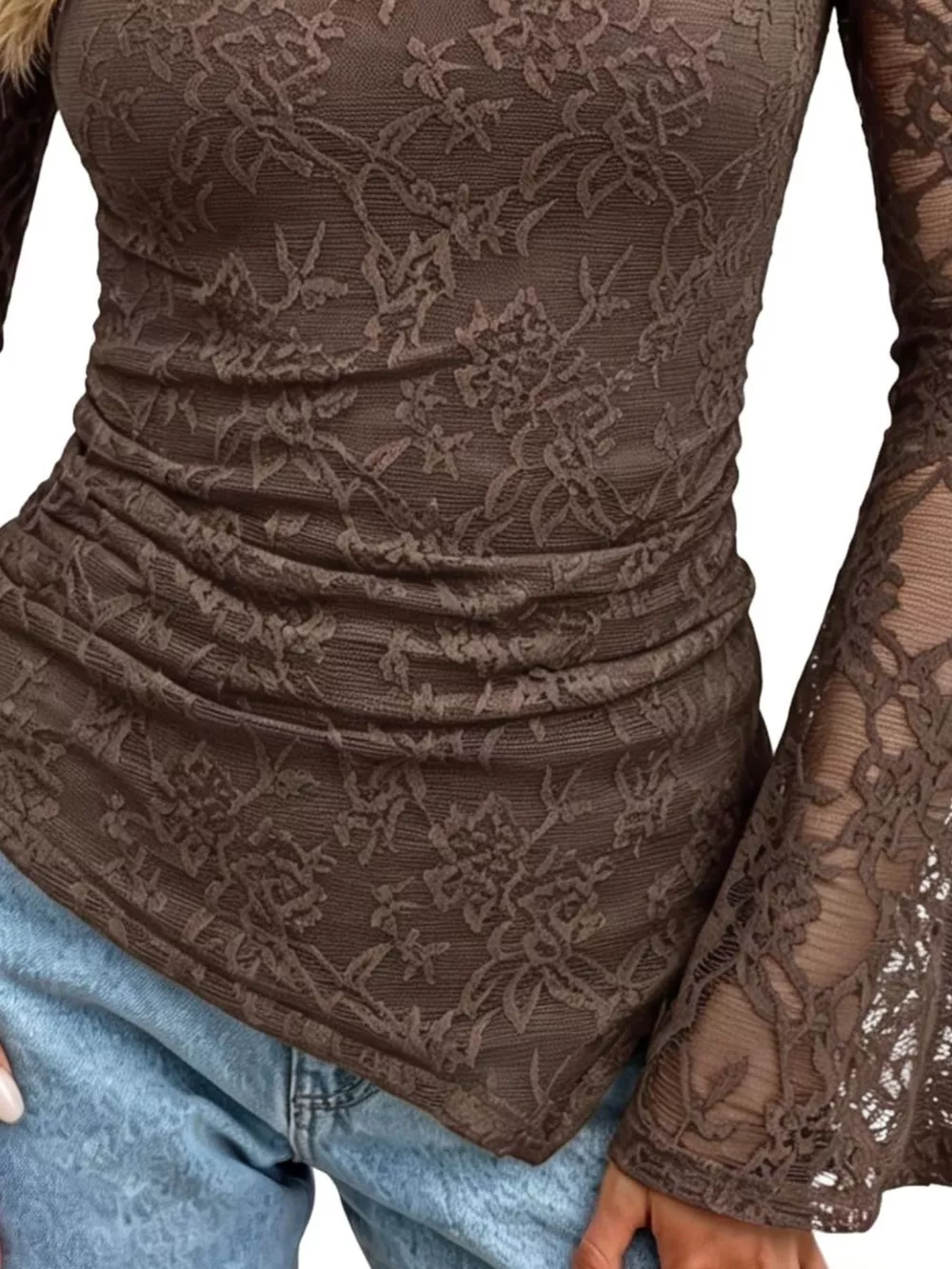 Floral Lace Long Sleeve Blouse with Flared Cuffs, image 9
