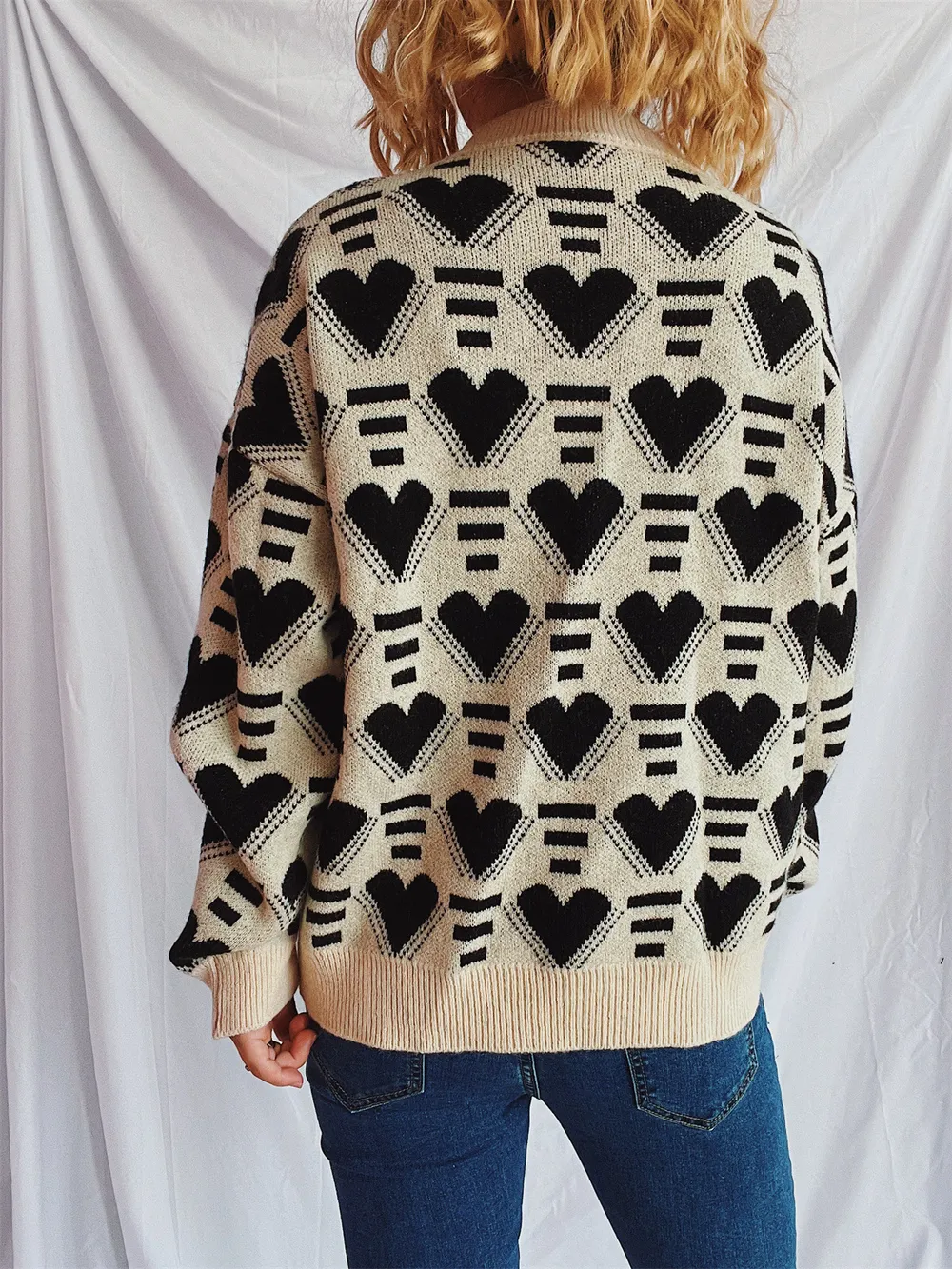 Heart Contrast Long Sleeve Dropped Shoulder Sweater, image 30