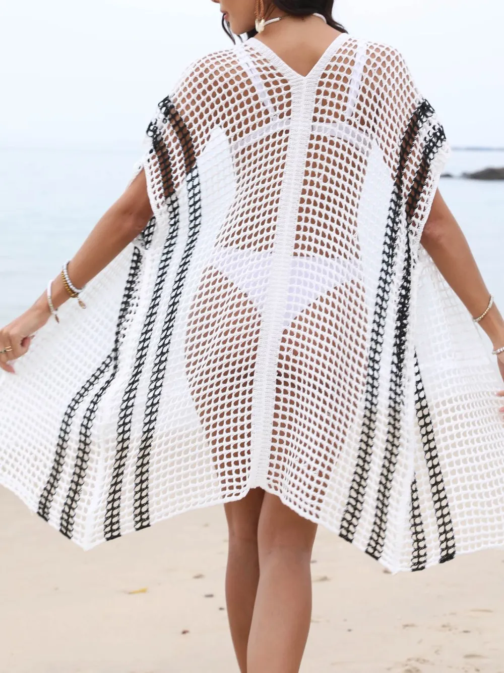 Open Front Contrast Openwork Cover-Up, image 3