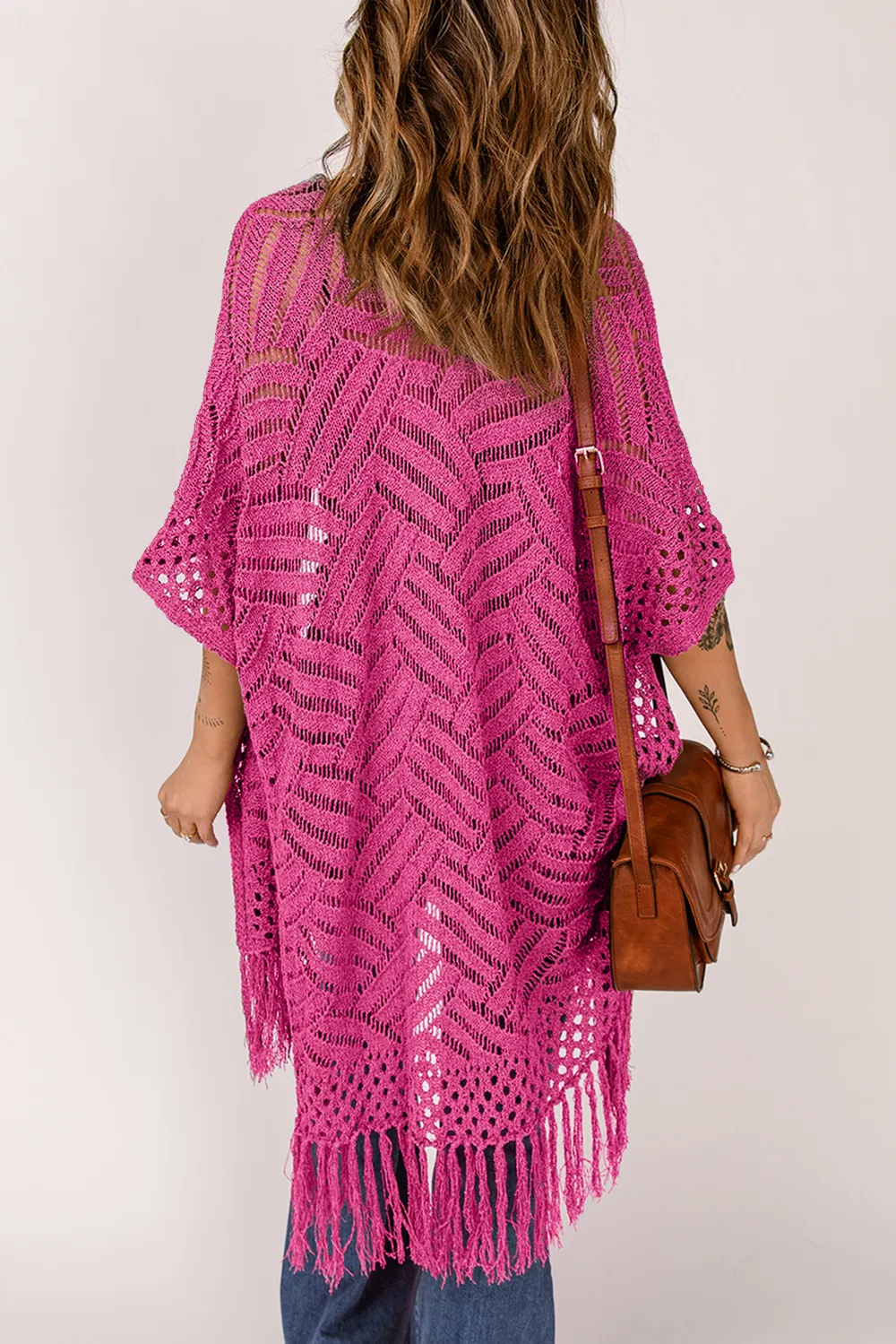 Openwork Open Front Cardigan with Fringes, image 8