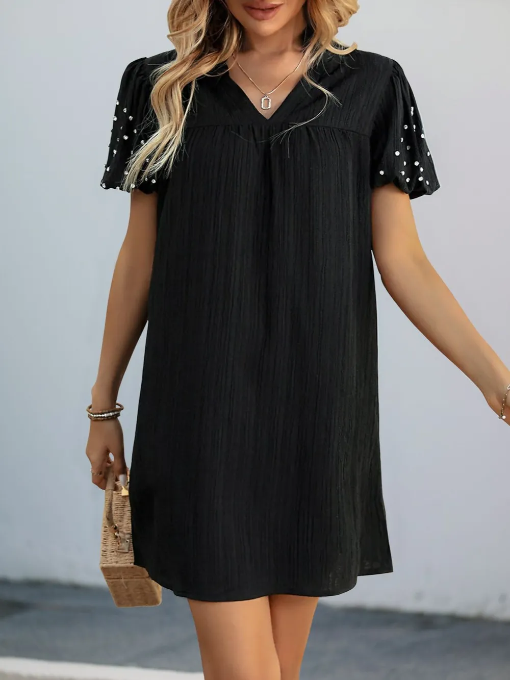 Textured V-Neck Short Sleeve Mini Dress, image 3