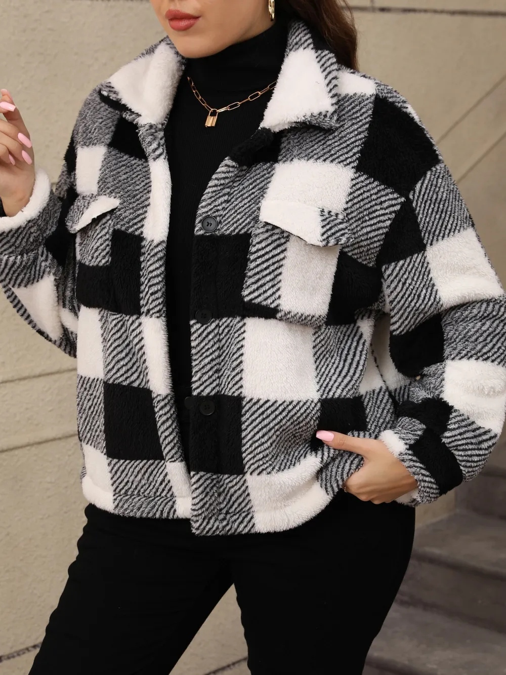 Plus Size Pocketed Plaid Collared Neck Jacket, image 7