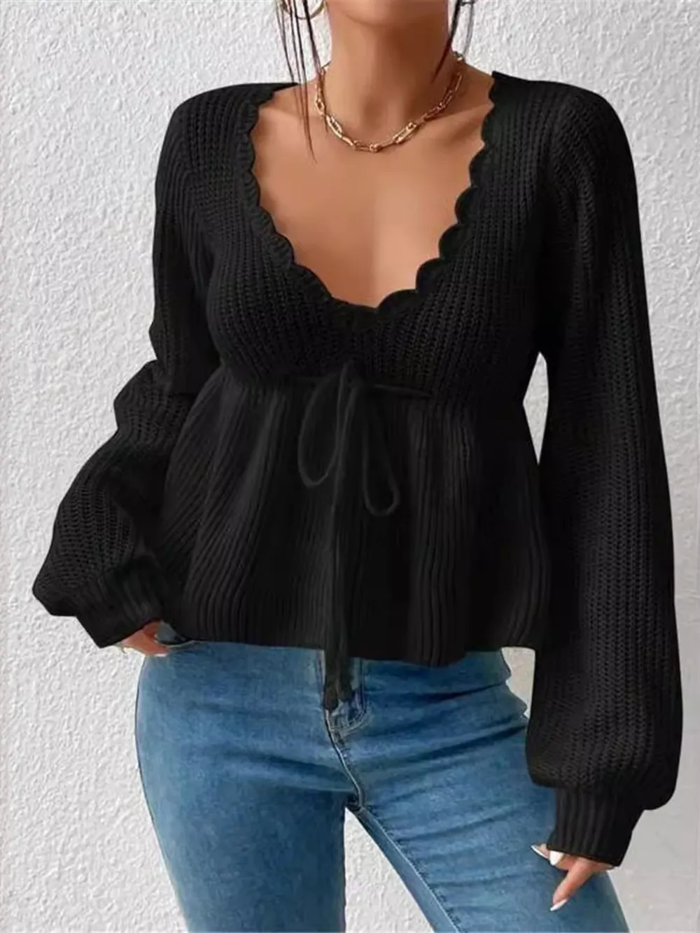 Scalloped V-Neck Drawstring Knit Top, image 9