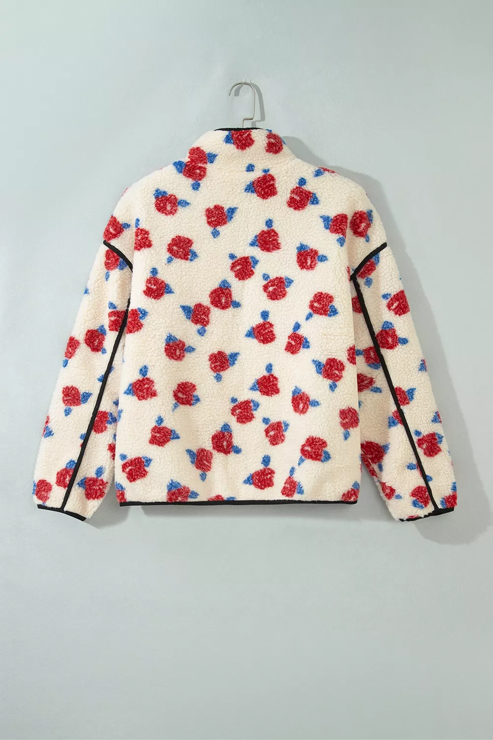 Floral Print Zipper Stand Neck Outerwear Fleece Coat, image 7