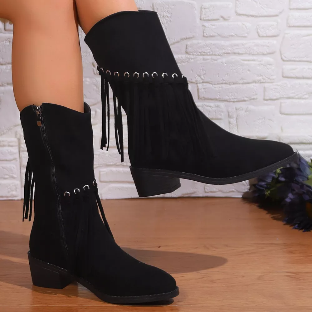 Fringe Western Block Heel Boots, image 5
