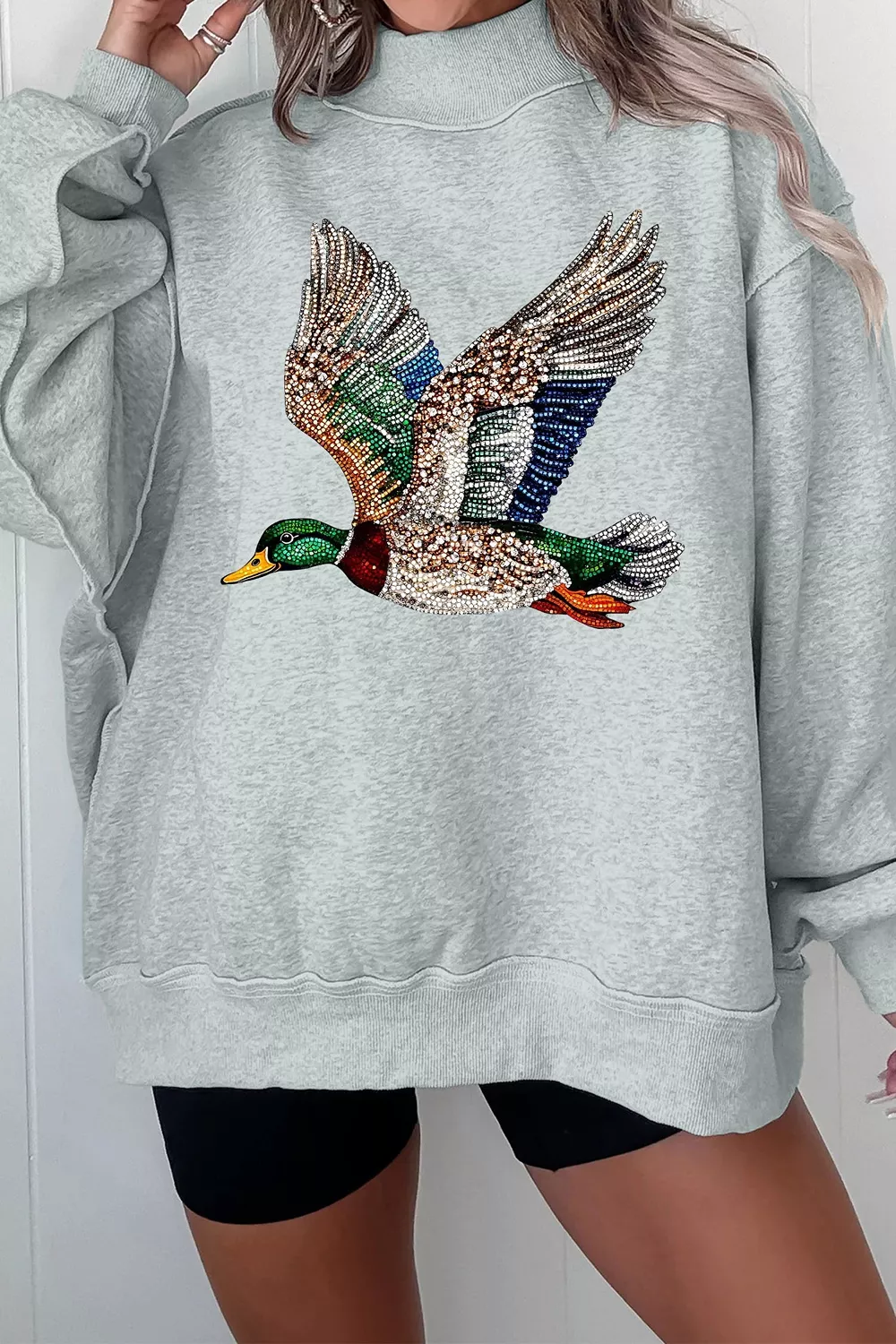 Western Style Mallard Duck Printed Graphic Baggy Mock Neck Sweatshirt, image 3