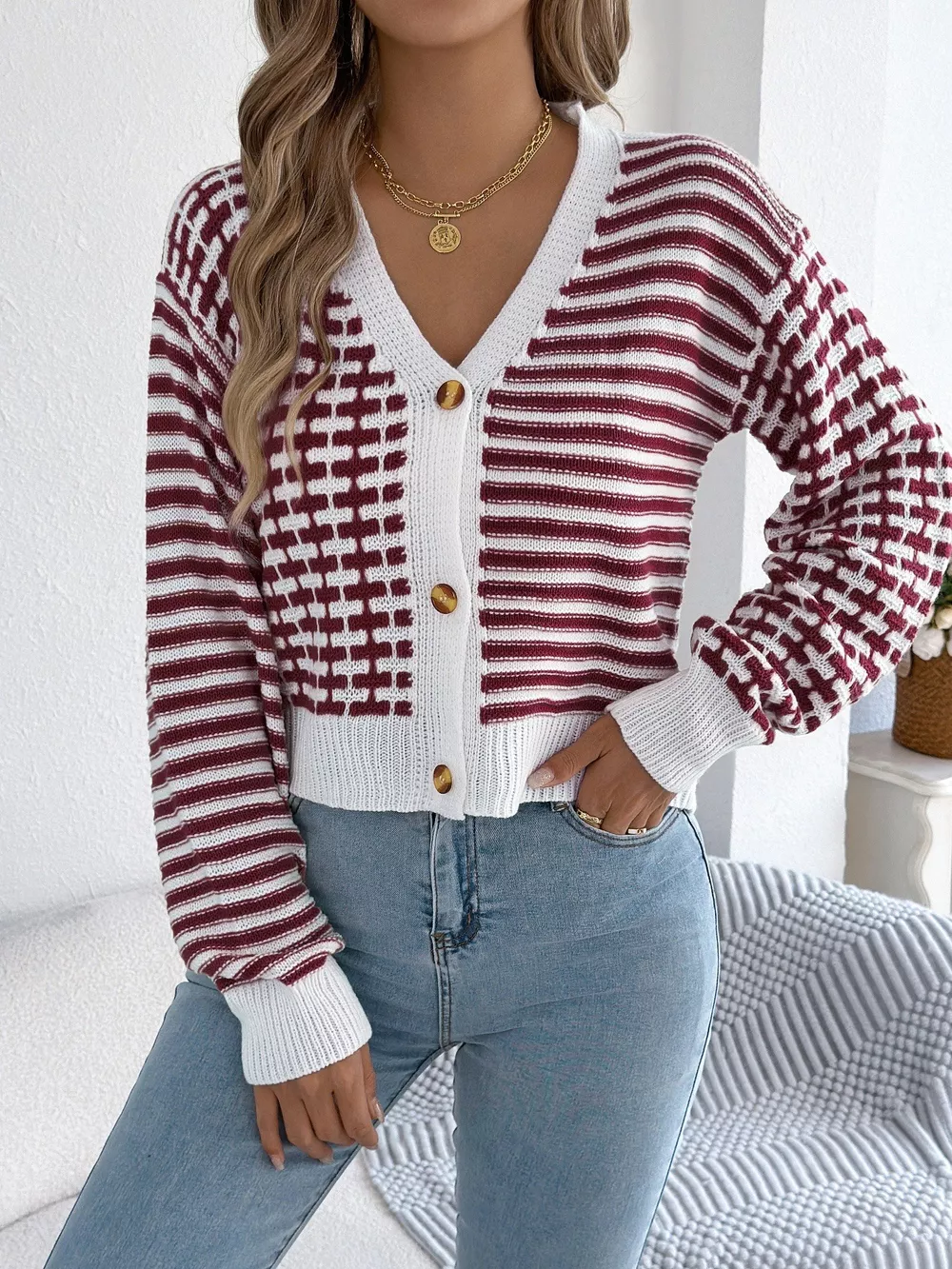 Striped Button-Up Cropped Cardigan, image 5